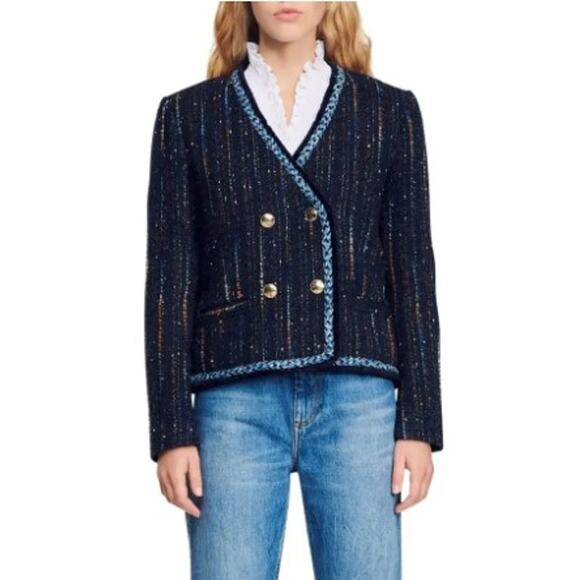NEW Sando Double Breasted Metallic Tweed Navy Blue Jacket Cotton Wool Blend 40 8 - Picture 1 of 13